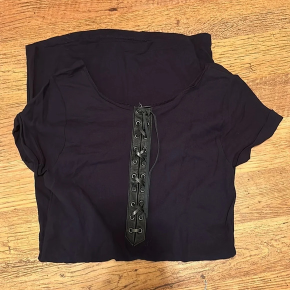 Sandro Navy Blue Scoop Neck Short Sleeve Dress Lace Up Back FF - Picture 3 of 4